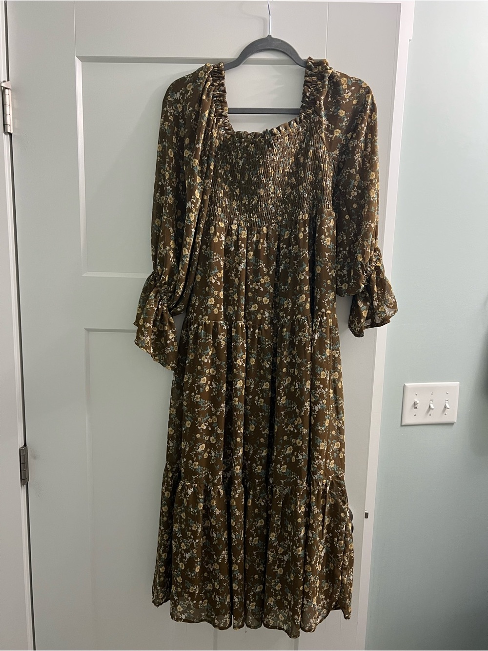 Smocked Brown Floral Midi Dress